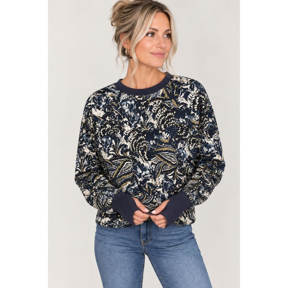 Joie Medium M Blue Paisley Print Thumbhole French Terry Sweatshirt Boho Pullover